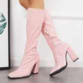 Patent Leather Square Toe Block Chunky Heel Knee High Boots Oshnow